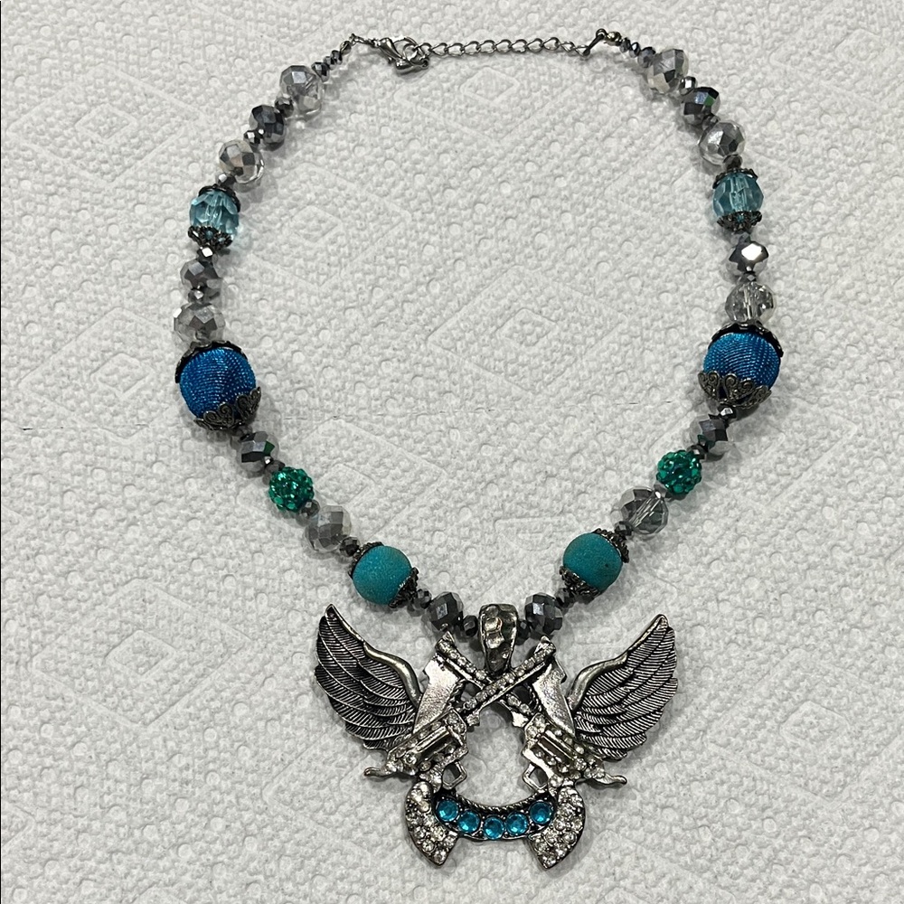 Blue and Teal Beaded Winged Pendant Necklace